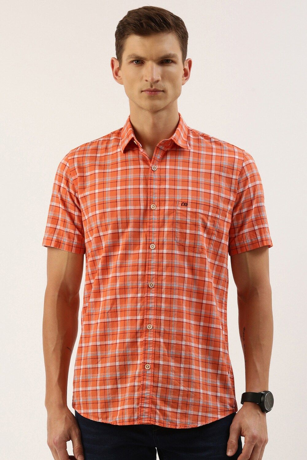 Men Orange Slim Fit Check Half Sleeves Casual Shirt
