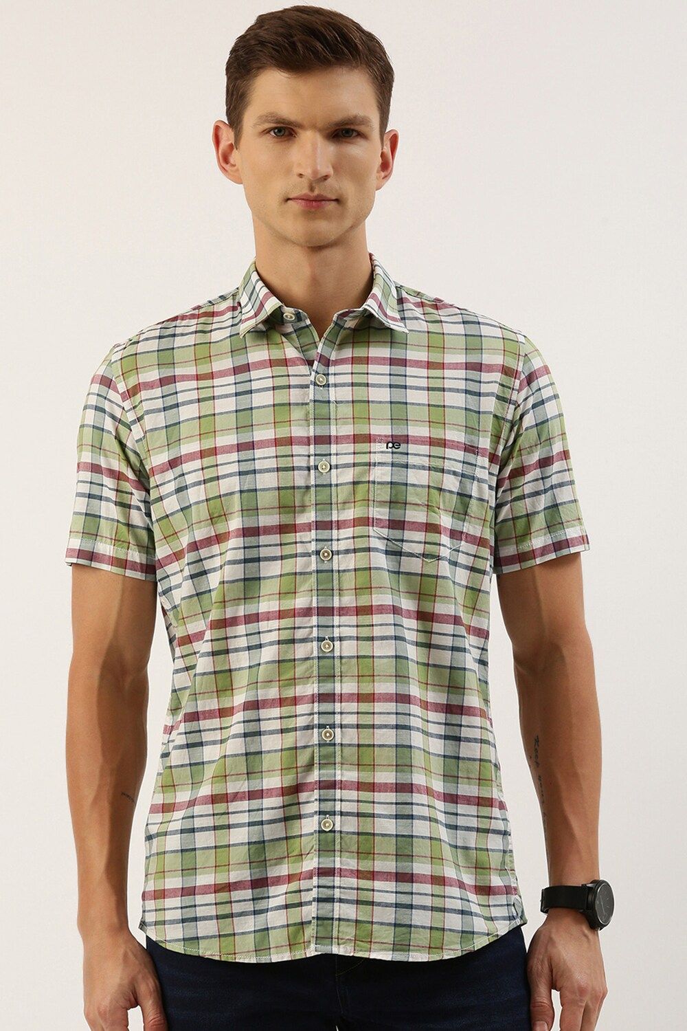 Men Olive Slim Fit Check Half Sleeves Casual Shirt