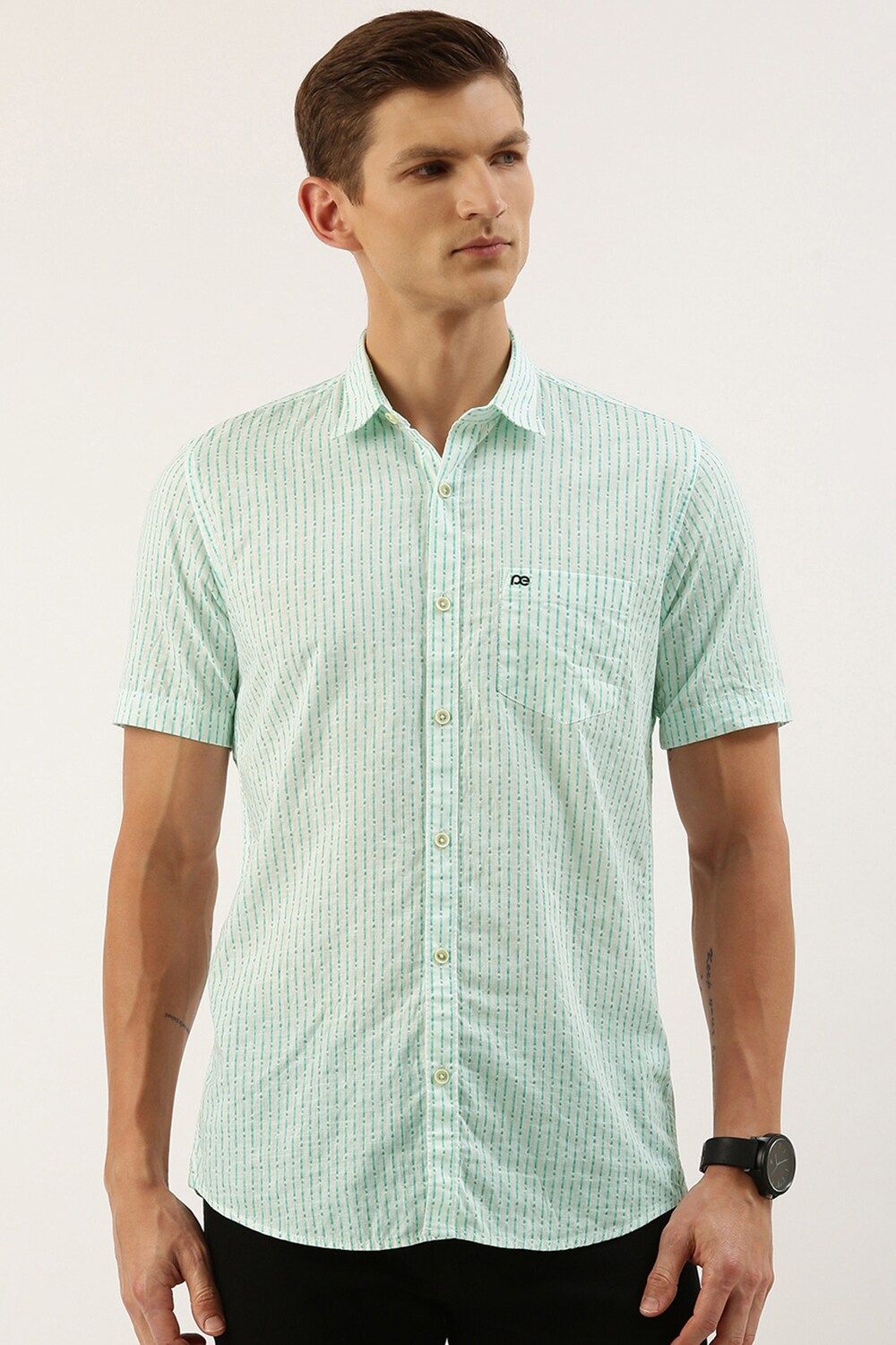 Men Green Slim Fit Stripe Half Sleeves Casual Shirt