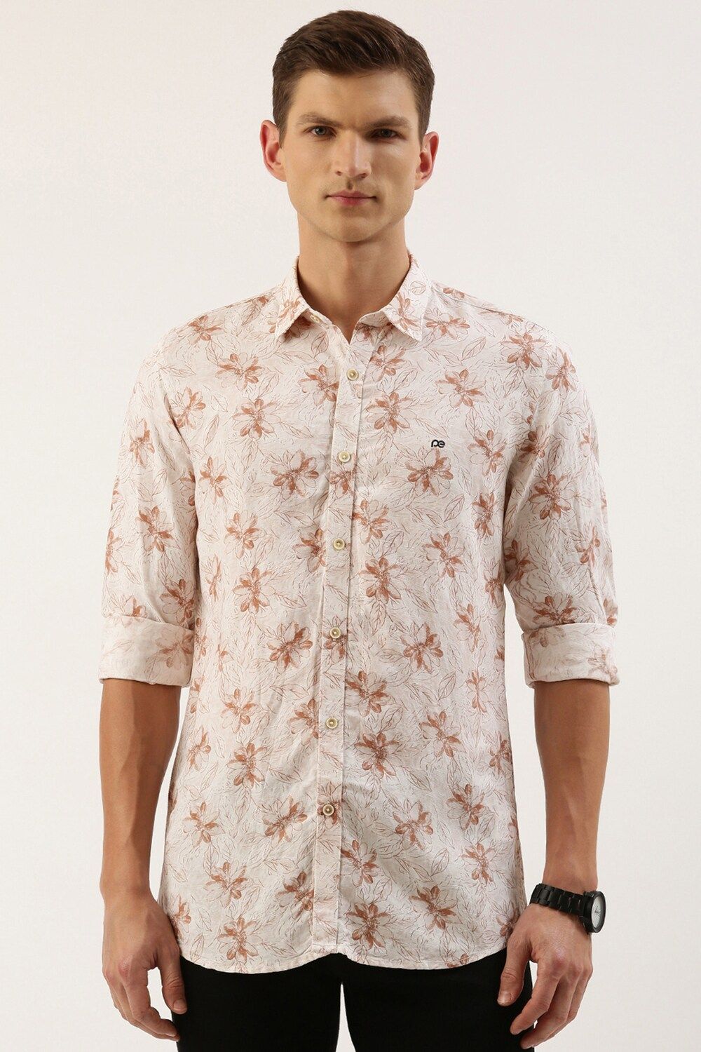 Men Cream Slim Fit Print Full Sleeves Casual Shirt