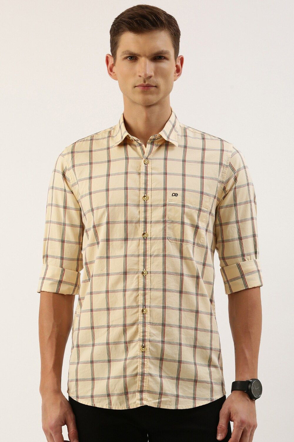 Men Beige Slim Fit Check Full Sleeves Casual Shirt