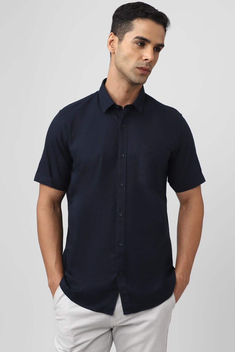 Men Navy Slim Fit Solid Half Sleeves Casual Shirt