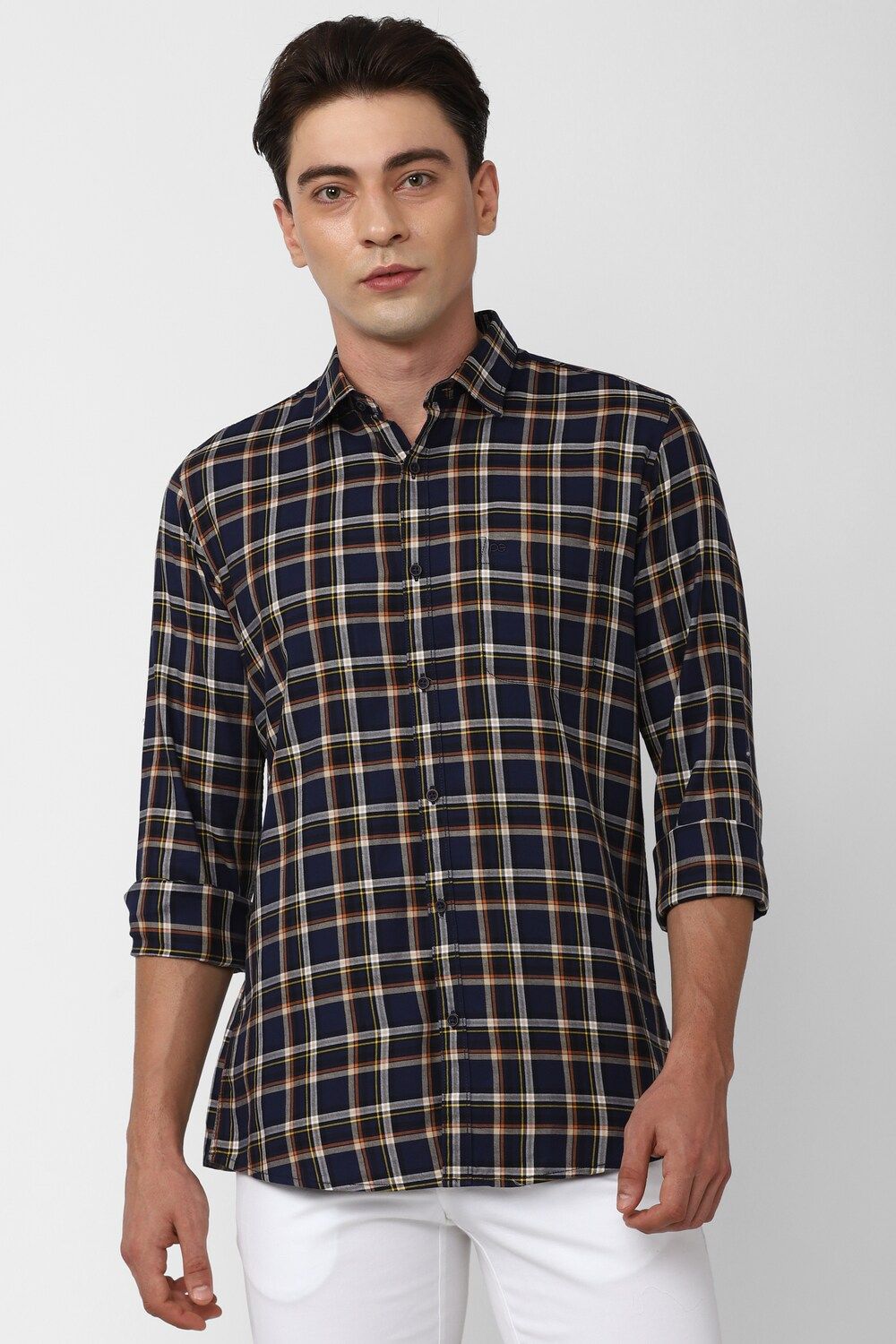 Men Navy Slim Fit Check Full Sleeves Casual Shirt