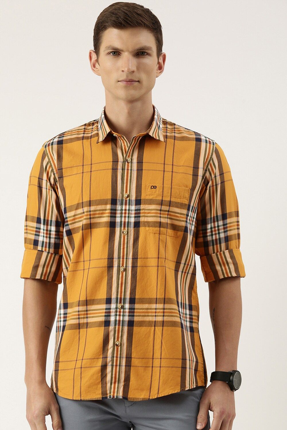 Men Yellow Slim Fit Check Full Sleeves Casual Shirt