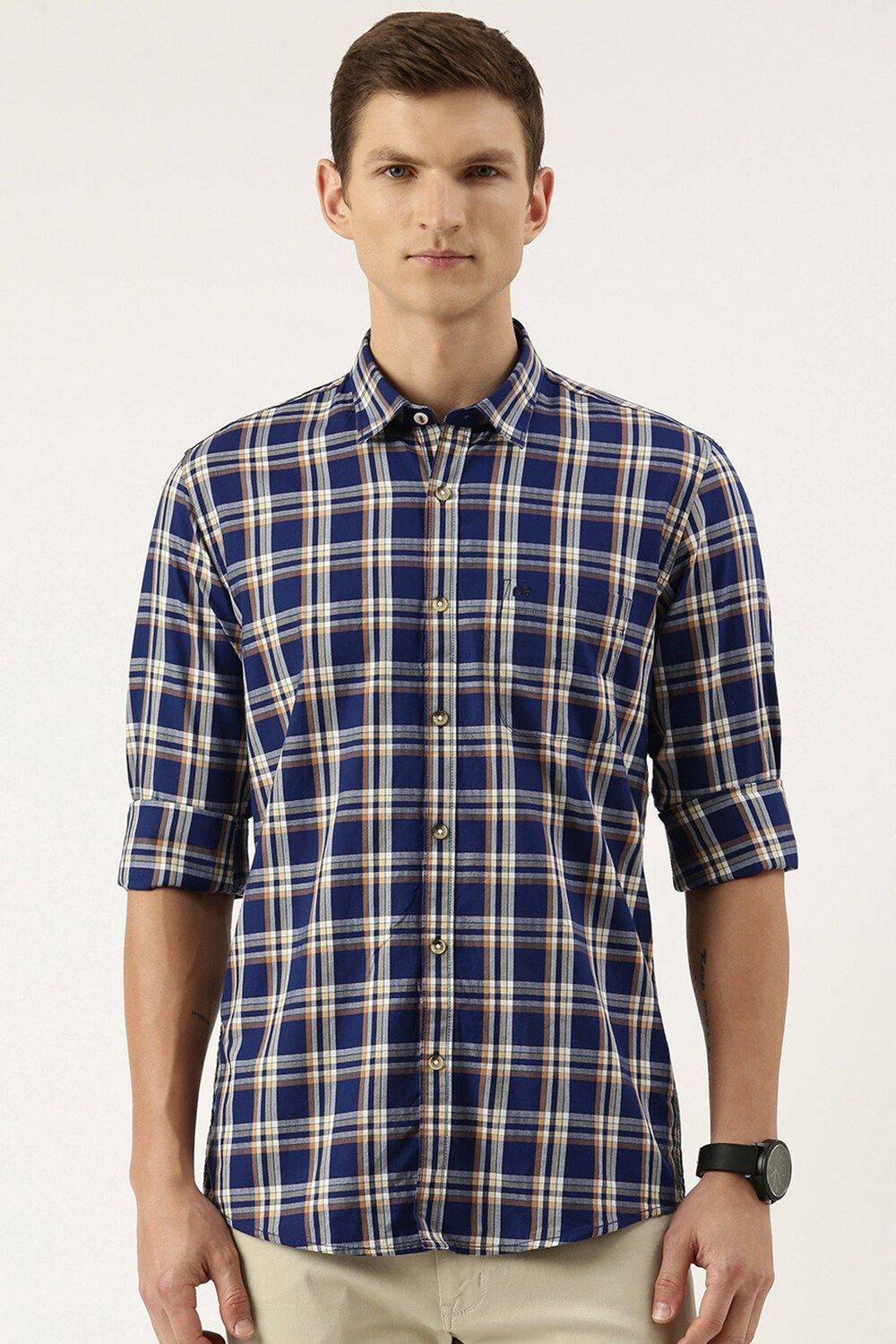 Men Navy Slim Fit Check Full Sleeves Casual Shirt