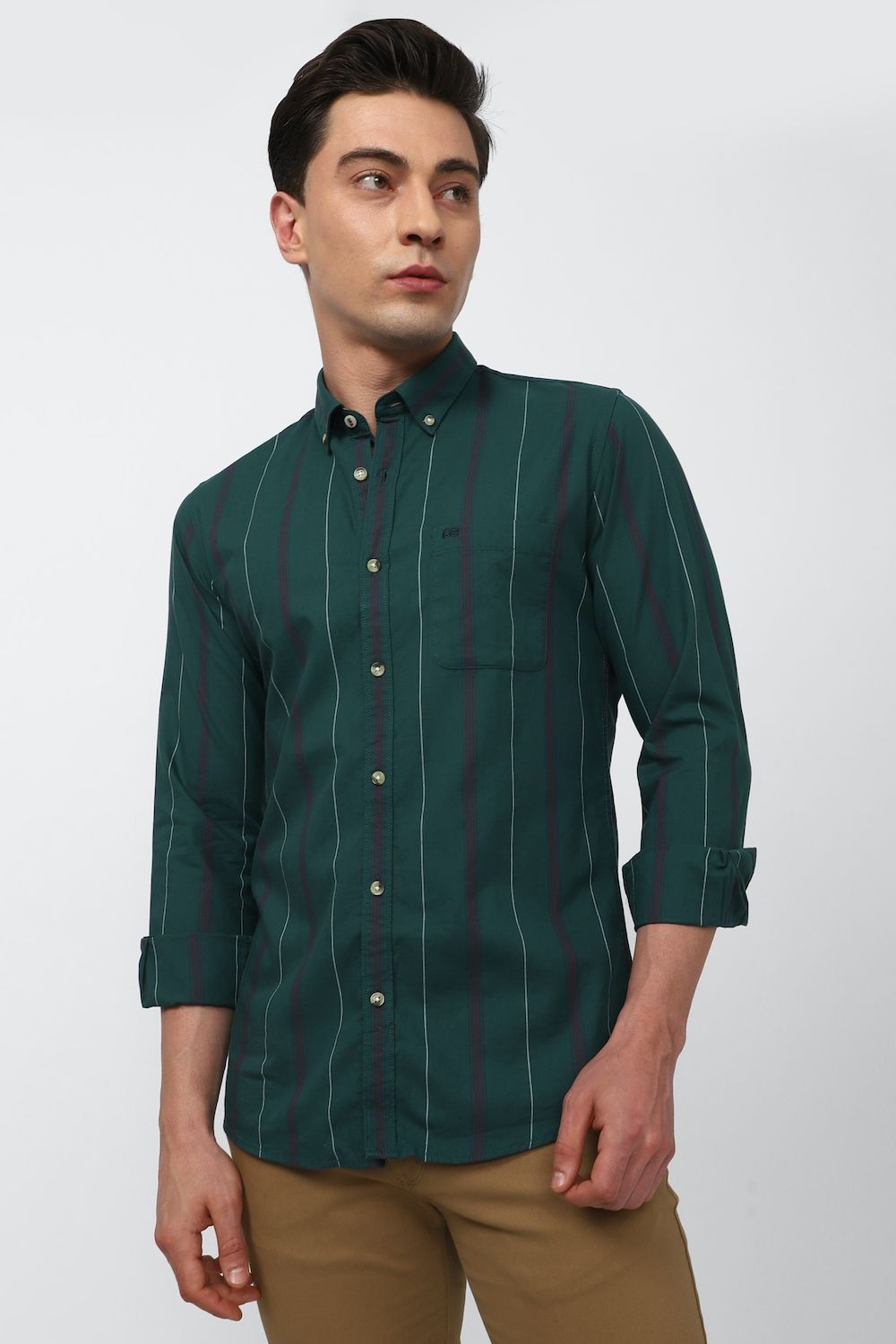 Men Green Slim Fit Stripe Full Sleeves Casual Shirt
