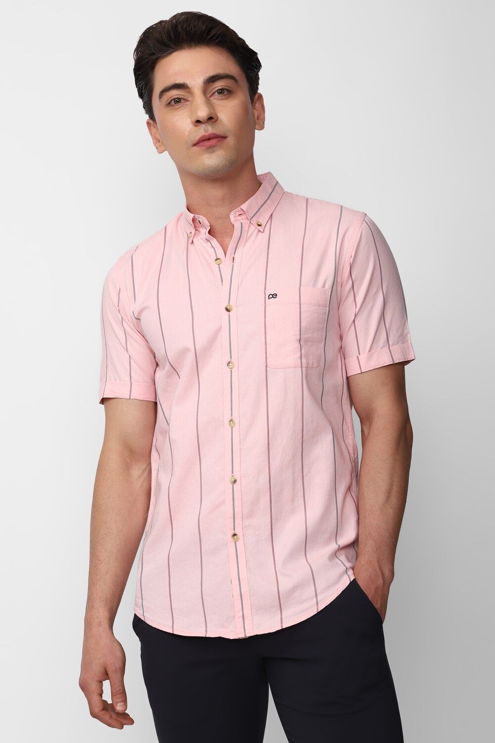 Men Pink Slim Fit Stripe Half Sleeves Casual Shirt