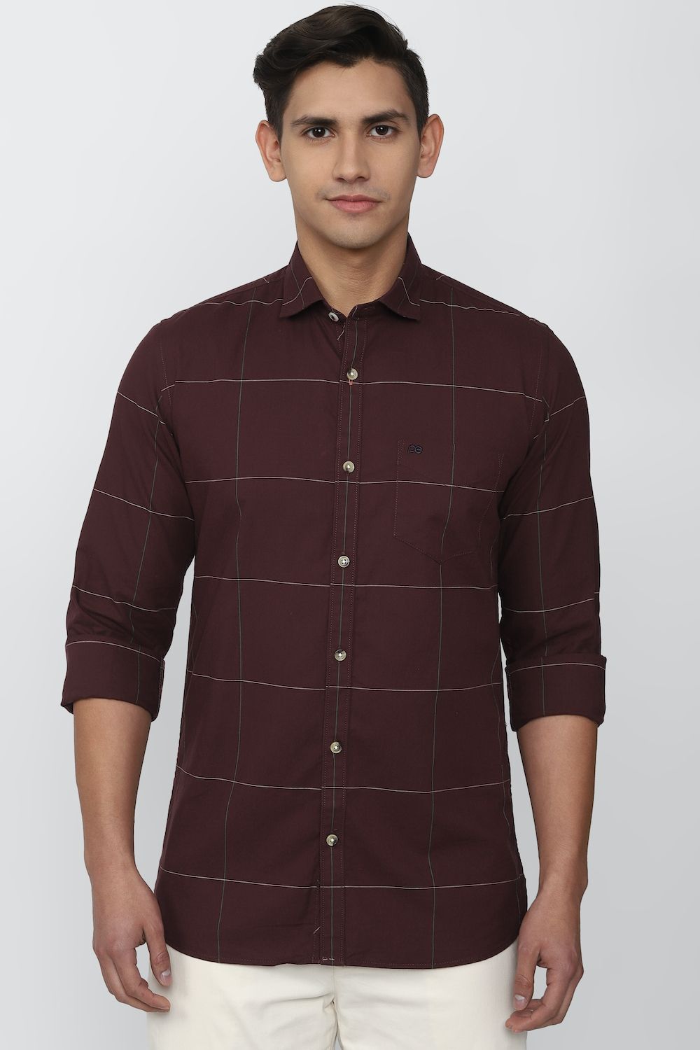 Men Maroon Slim Fit Check Full Sleeves Casual Shirt