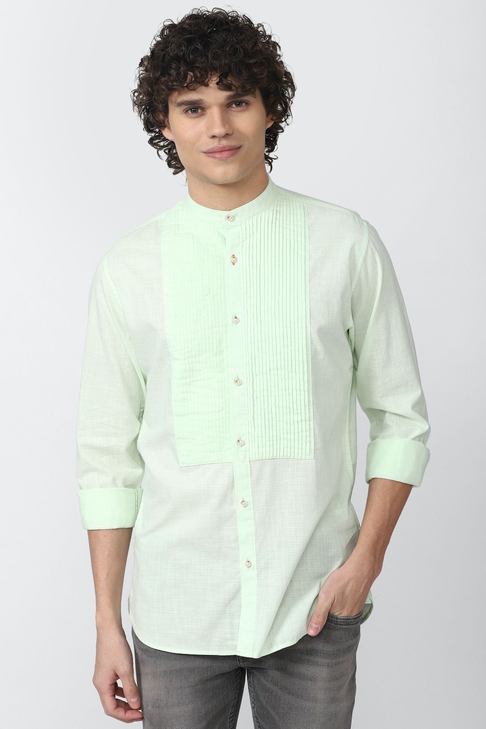 Men Green Slim Fit Solid Full Sleeves Casual Shirt
