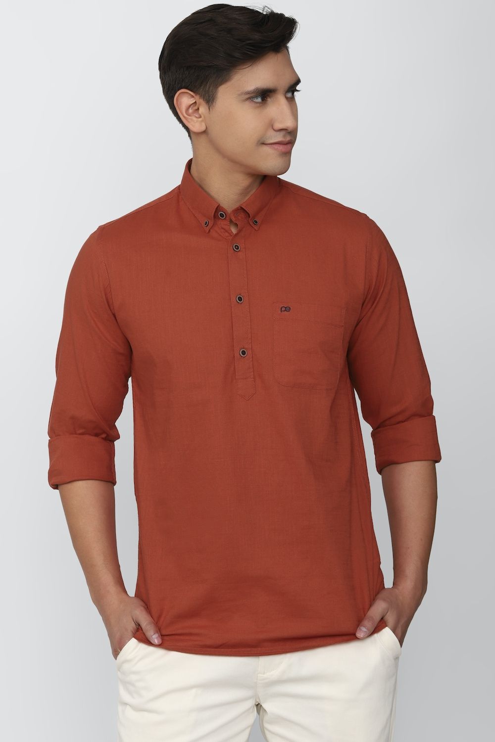 Men Orange Slim Fit Solid Full Sleeves Casual Shirt