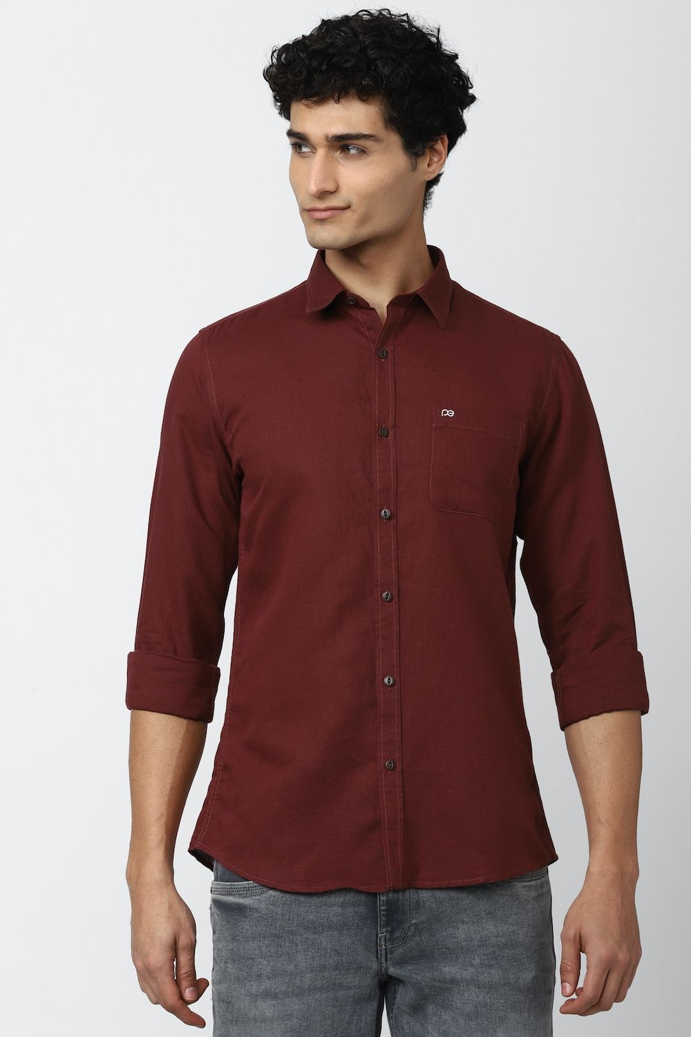 Men Maroon Slim Fit Solid Full Sleeves Casual Shirt