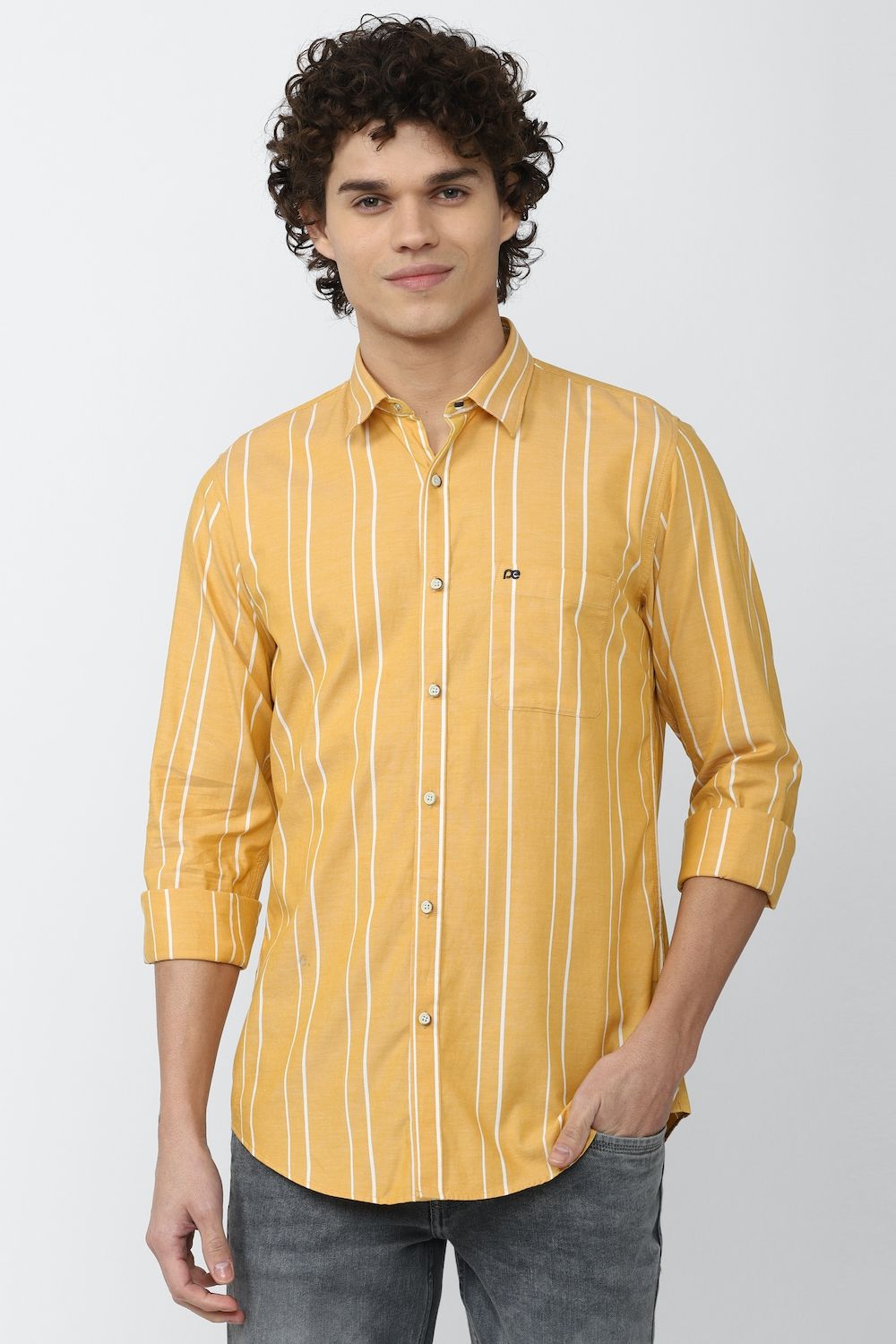 Men Yellow Slim Fit Stripe Full Sleeves Casual Shirt
