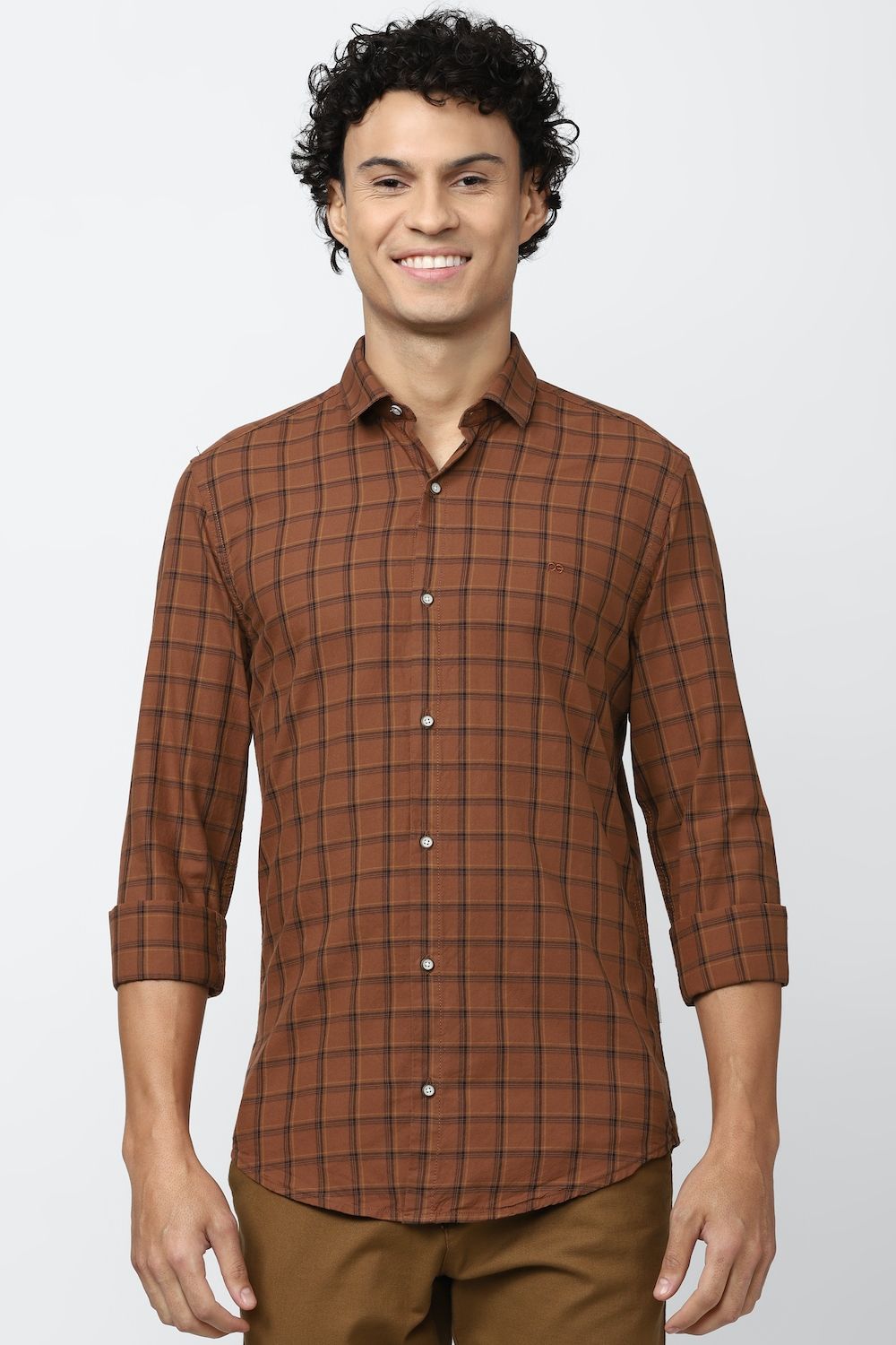 Men Brown Super Slim Fit Check Full Sleeves Casual Shirt