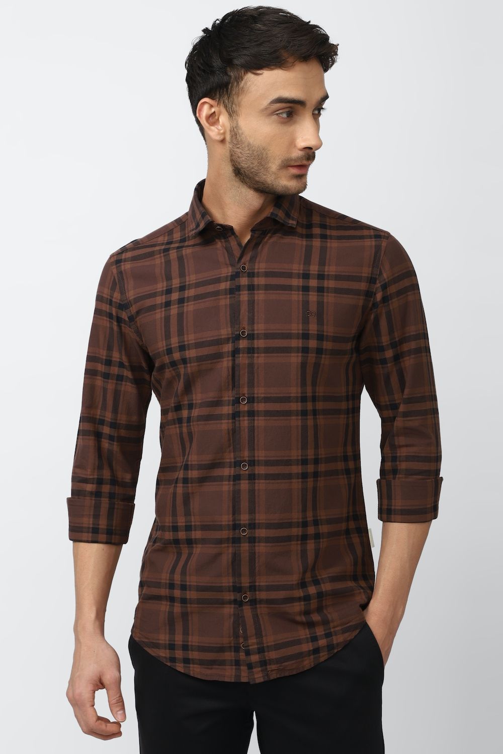 Men Brown Super Slim Fit Check Full Sleeves Casual Shirt