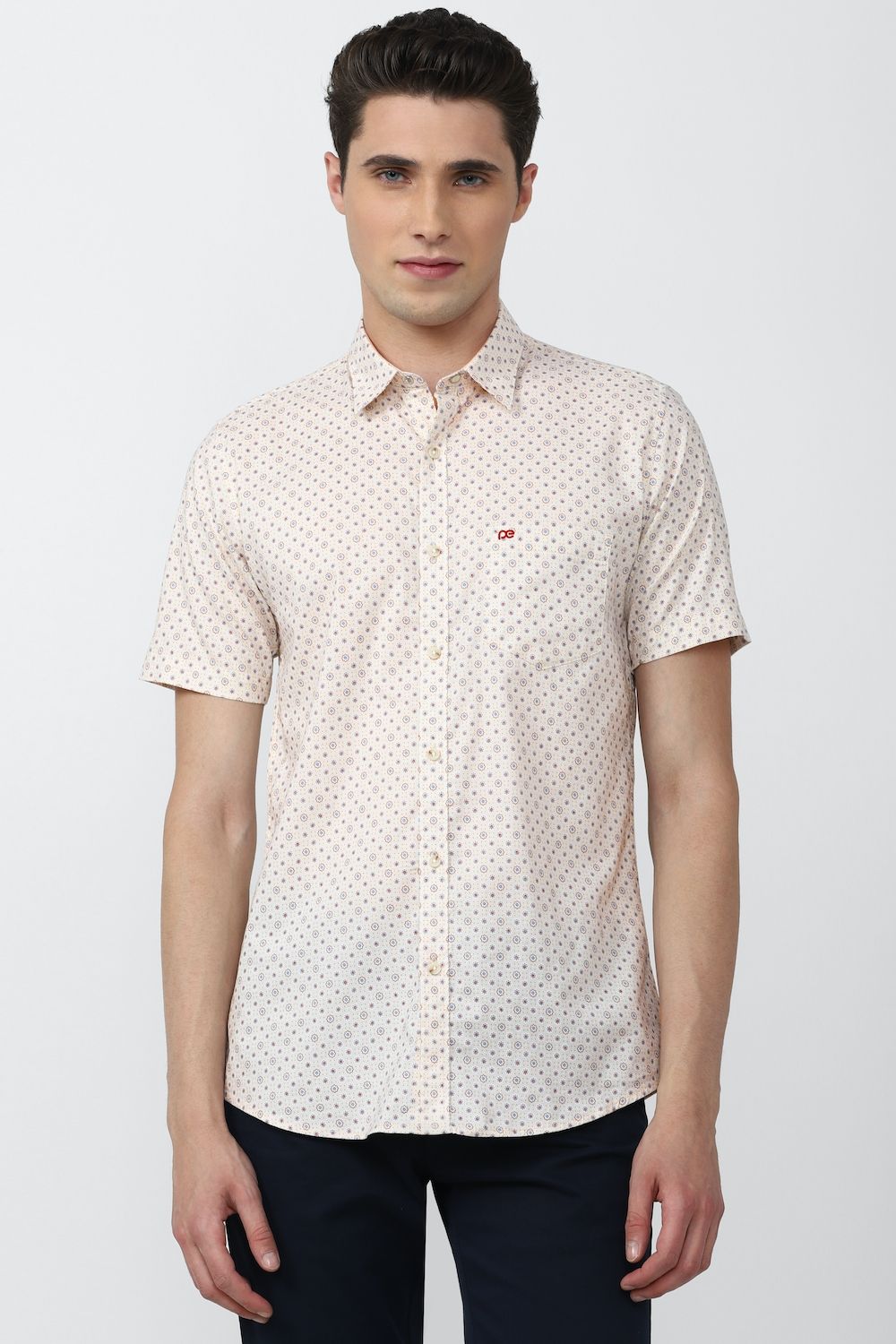 Men Cream Slim Fit Print Half Sleeves Casual Shirt