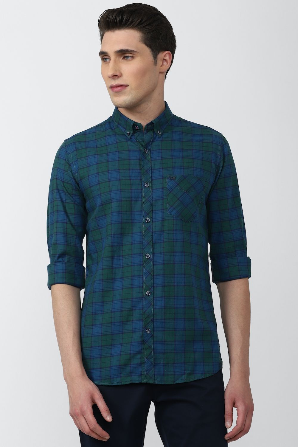Men Blue Slim Fit Check Full Sleeves Casual Shirt