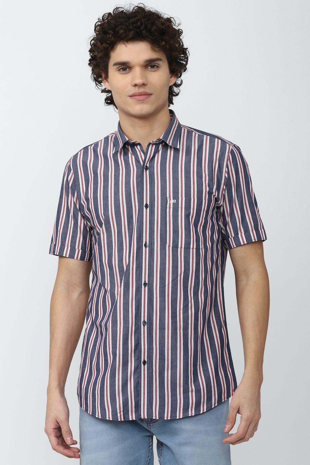 Men Grey Slim Fit Stripe Half Sleeves Casual Shirt
