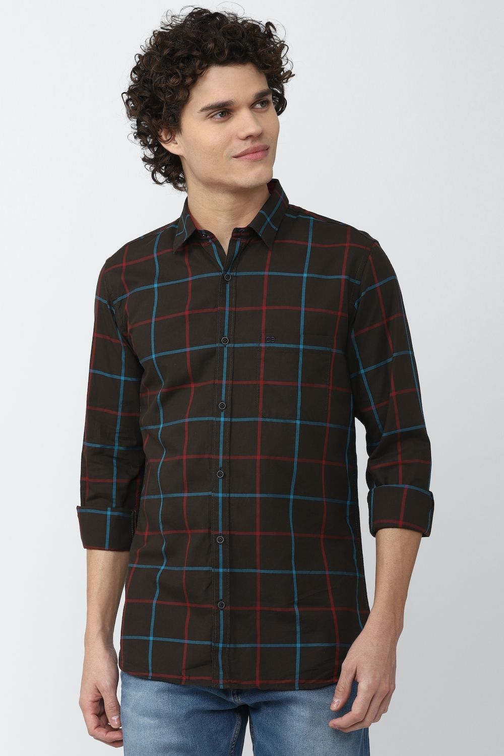 Men Brown Slim Fit Check Full Sleeves Casual Shirt