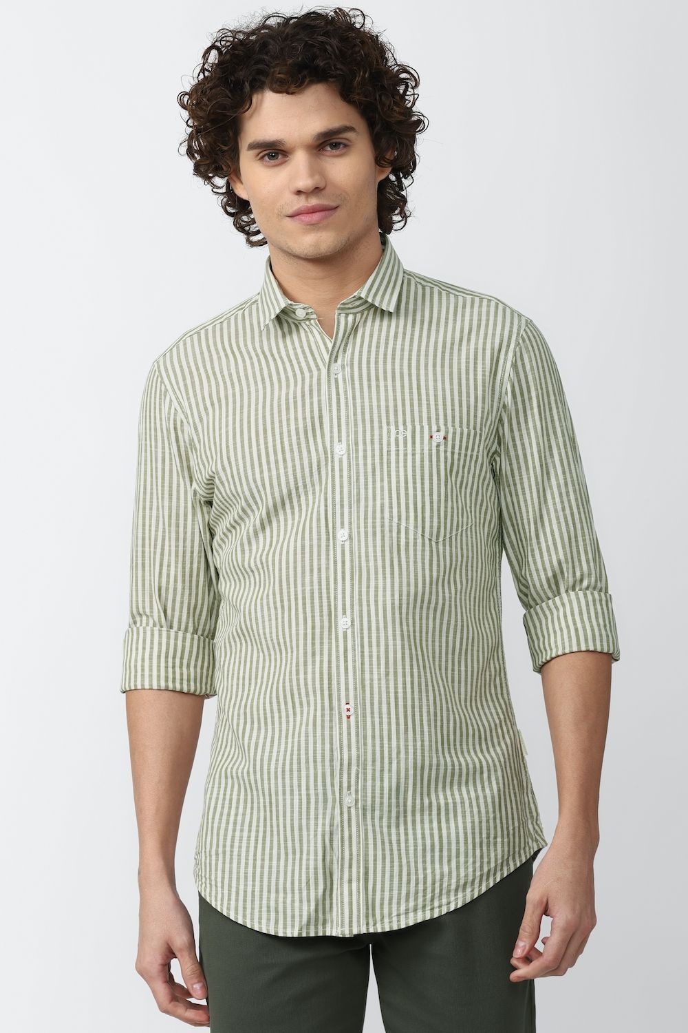 Men Green Super Slim Fit Stripe Full Sleeves Casual Shirt