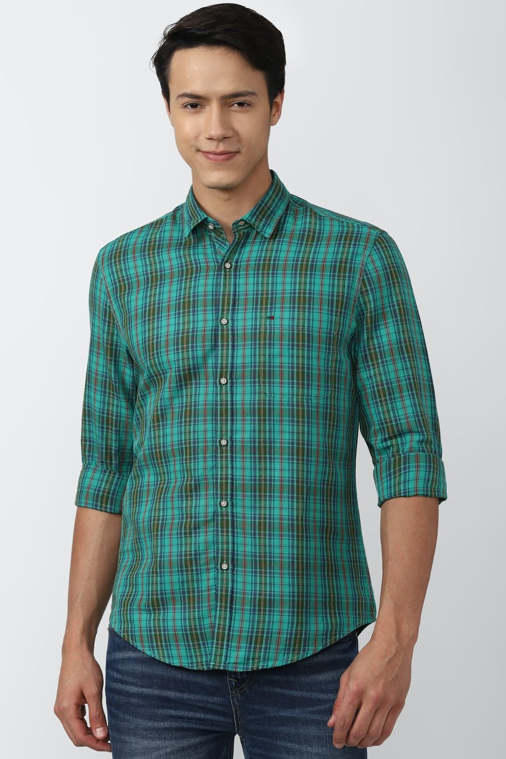 Men Green Super Slim Fit Check Full Sleeves Casual Shirt