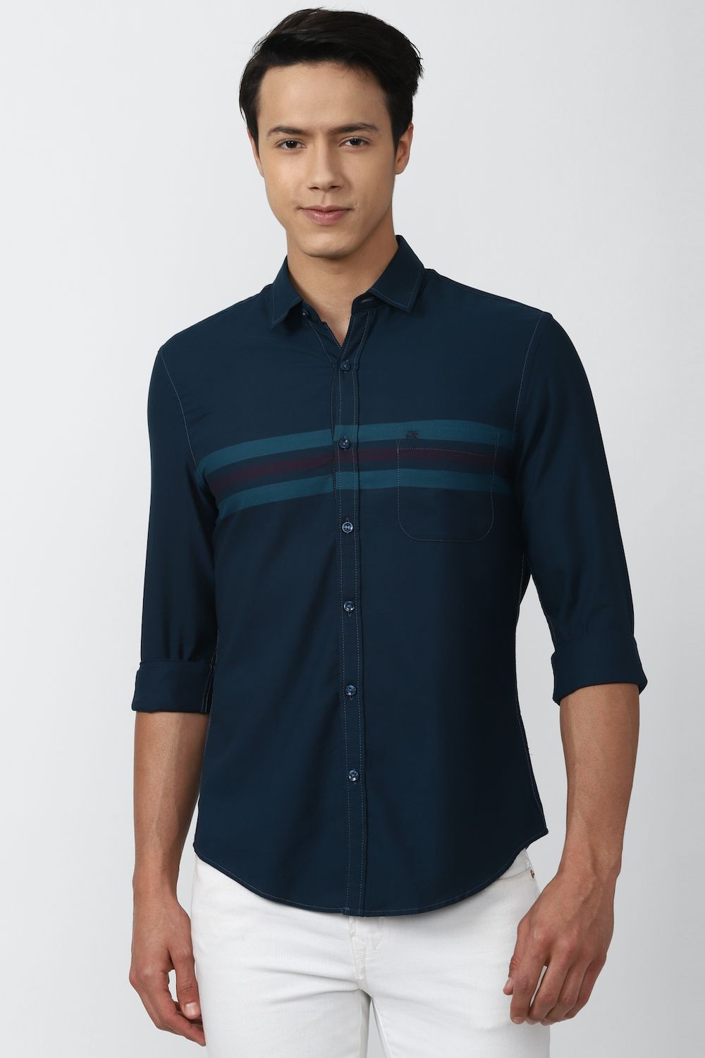 Men Navy Super Slim Fit Stripe Full Sleeves Casual Shirt