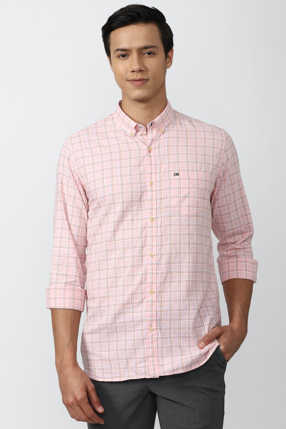 Men Pink Slim Fit Check Full Sleeves Casual Shirt