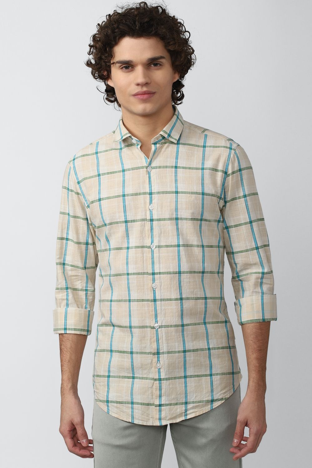 Men Beige Super Slim Fit Check Full Sleeves Casual Shirt