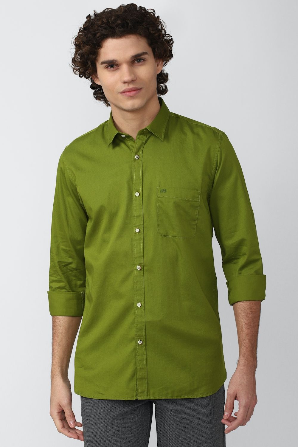 Men Green Slim Fit Solid Full Sleeves Casual Shirt