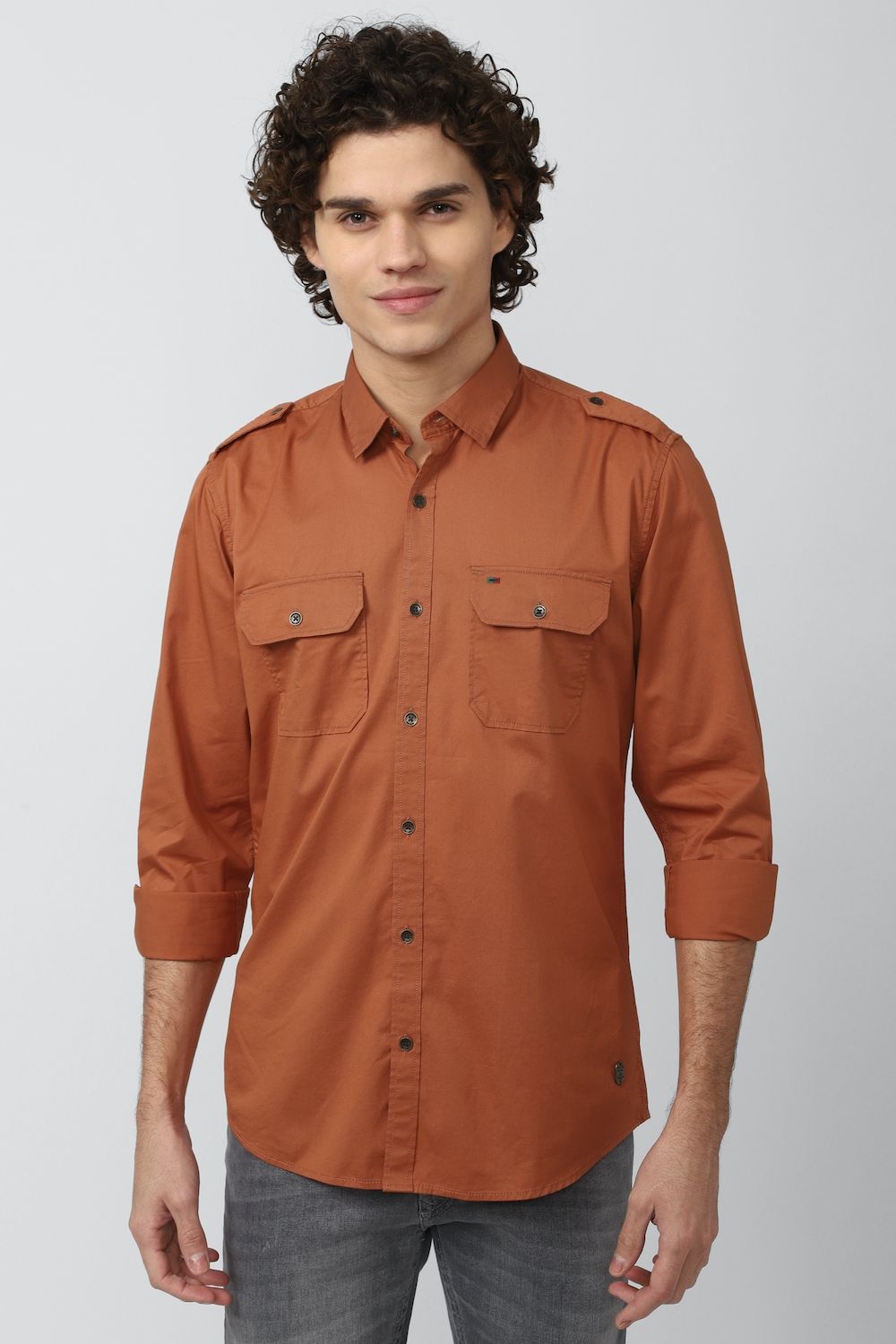 Men Orange Slim Fit Solid Full Sleeves Casual Shirt