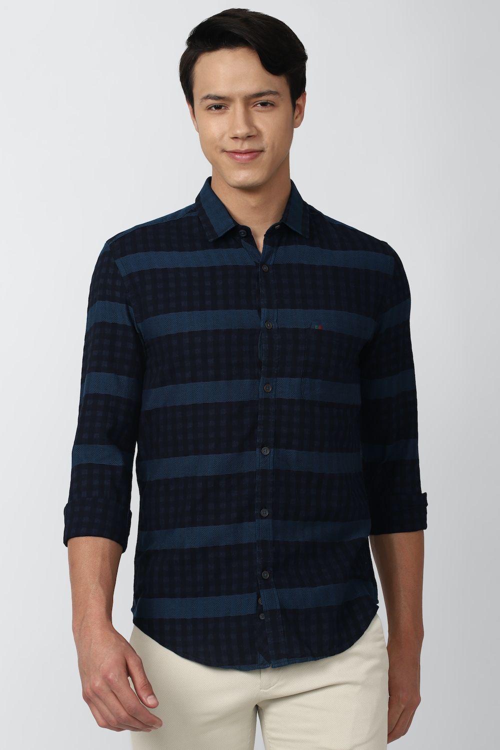 Men Navy Super Slim Fit Stripe Full Sleeves Casual Shirt