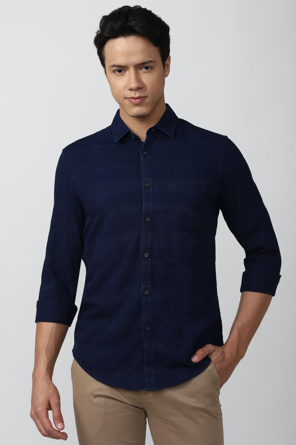 Men Navy Super Slim Fit Solid Full Sleeves Casual Shirt