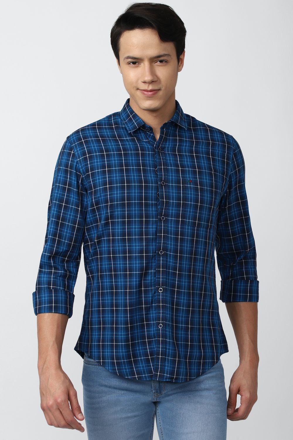 Men Blue Super Slim Fit Check Full Sleeves Casual Shirt
