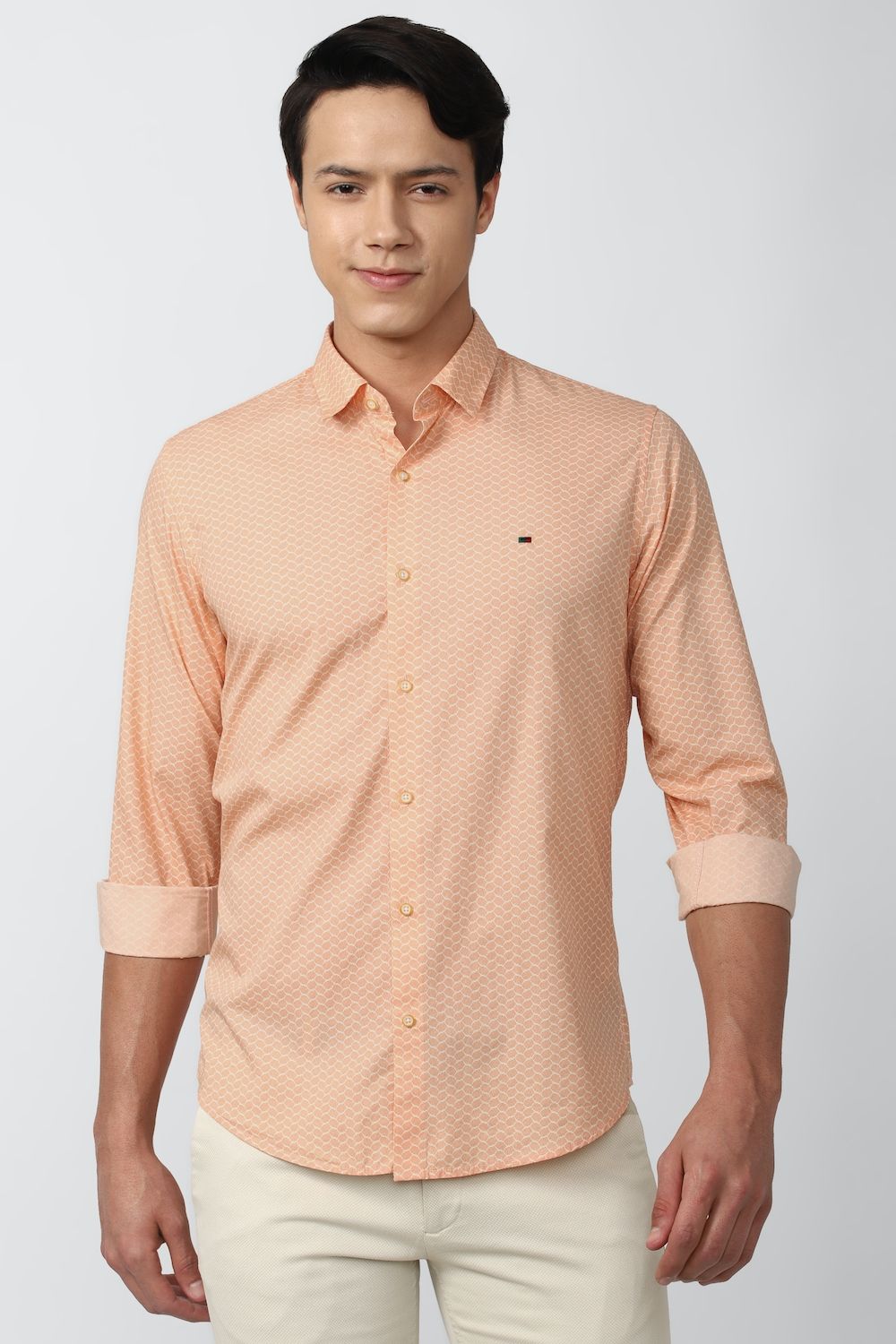 Men Peach Slim Fit Print Full Sleeves Casual Shirt