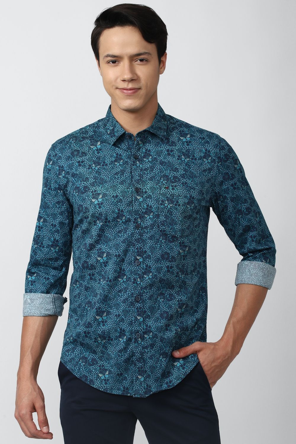 Men Blue Super Slim Fit Print Full Sleeves Casual Shirt