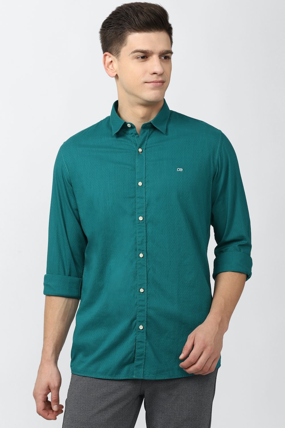 Men Green Slim Fit Solid Full Sleeves Casual Shirt