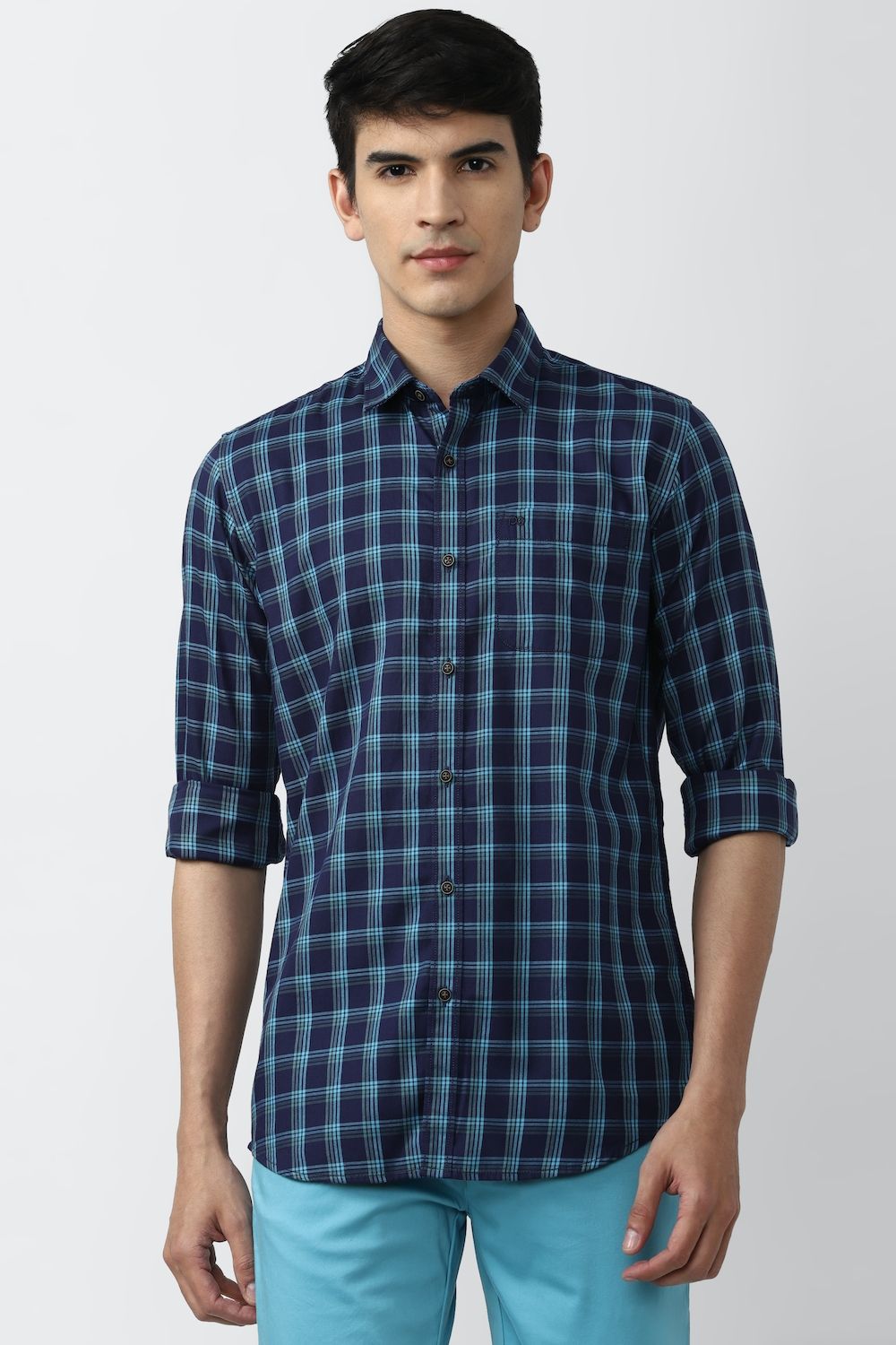 Men Blue Slim Fit Check Full Sleeves Casual Shirt