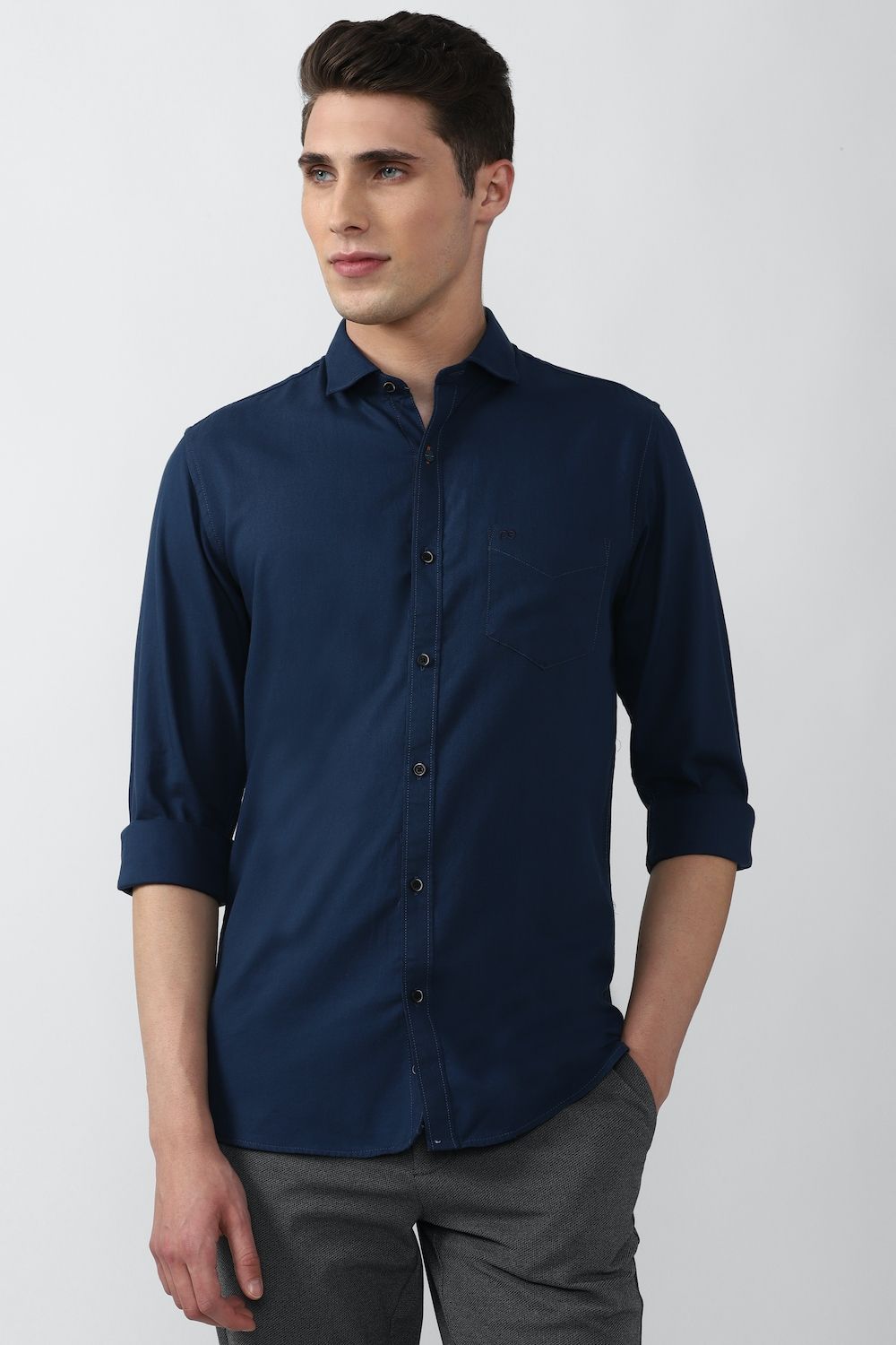Men Navy Slim Fit Solid Full Sleeves Casual Shirt