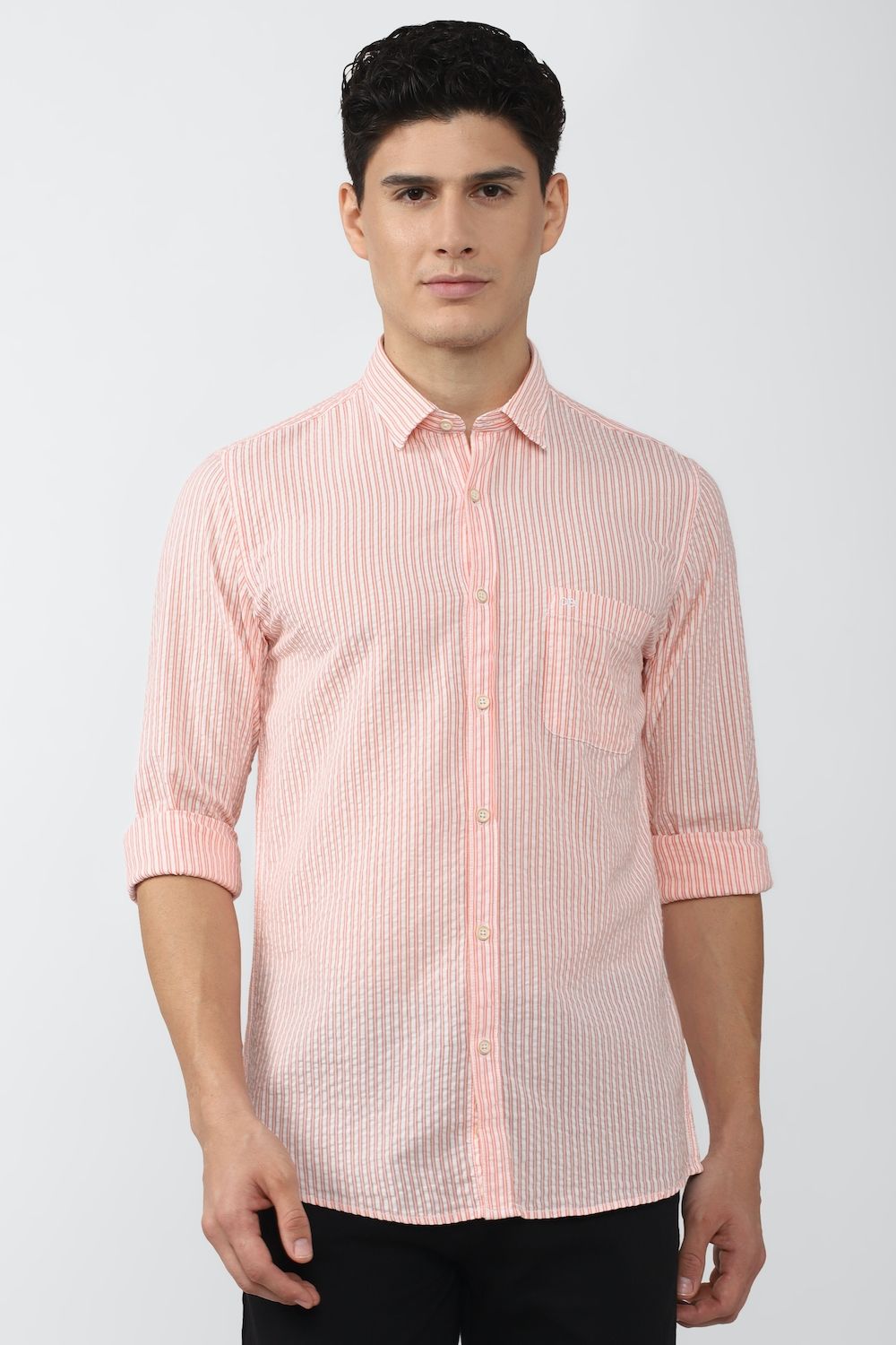 Men Peach Slim Fit Stripe Full Sleeves Casual Shirt