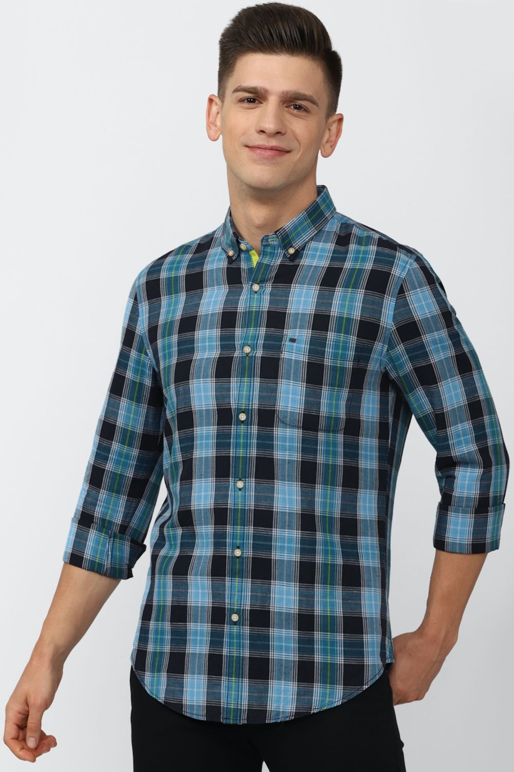 Men Blue Super Slim Fit Check Full Sleeves Casual Shirt