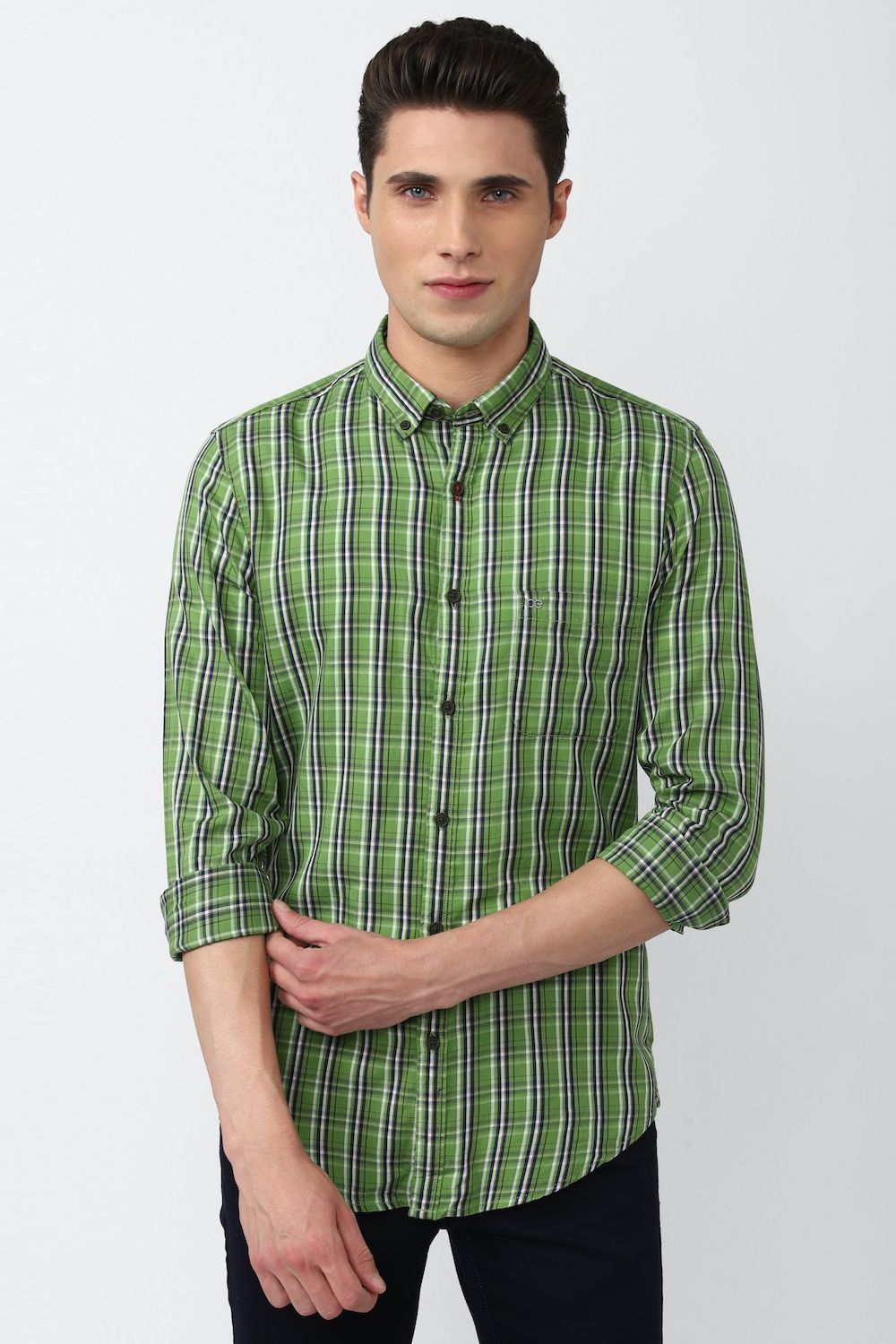 Men Green Super Slim Fit Check Full Sleeves Casual Shirt