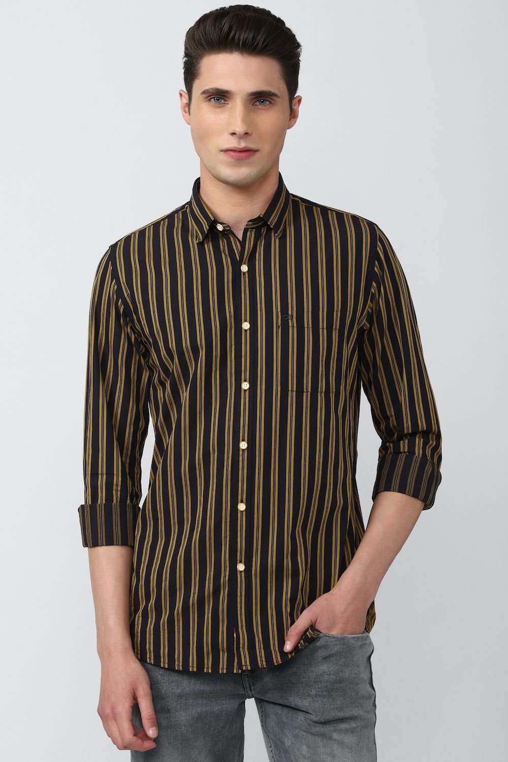 Men Navy Slim Fit Stripe Full Sleeves Casual Shirt