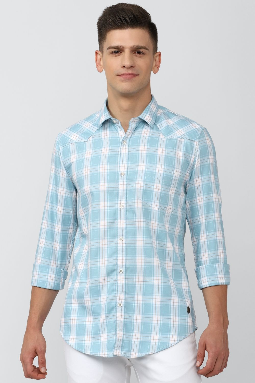 Men Blue Super Slim Fit Check Full Sleeves Casual Shirt