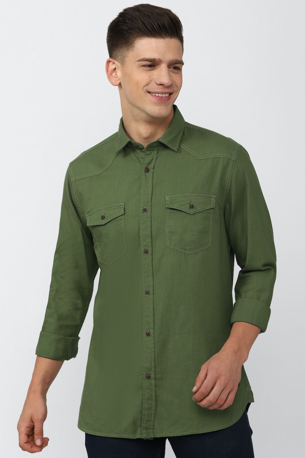 Men Olive Super Slim Fit Solid Full Sleeves Casual Shirt