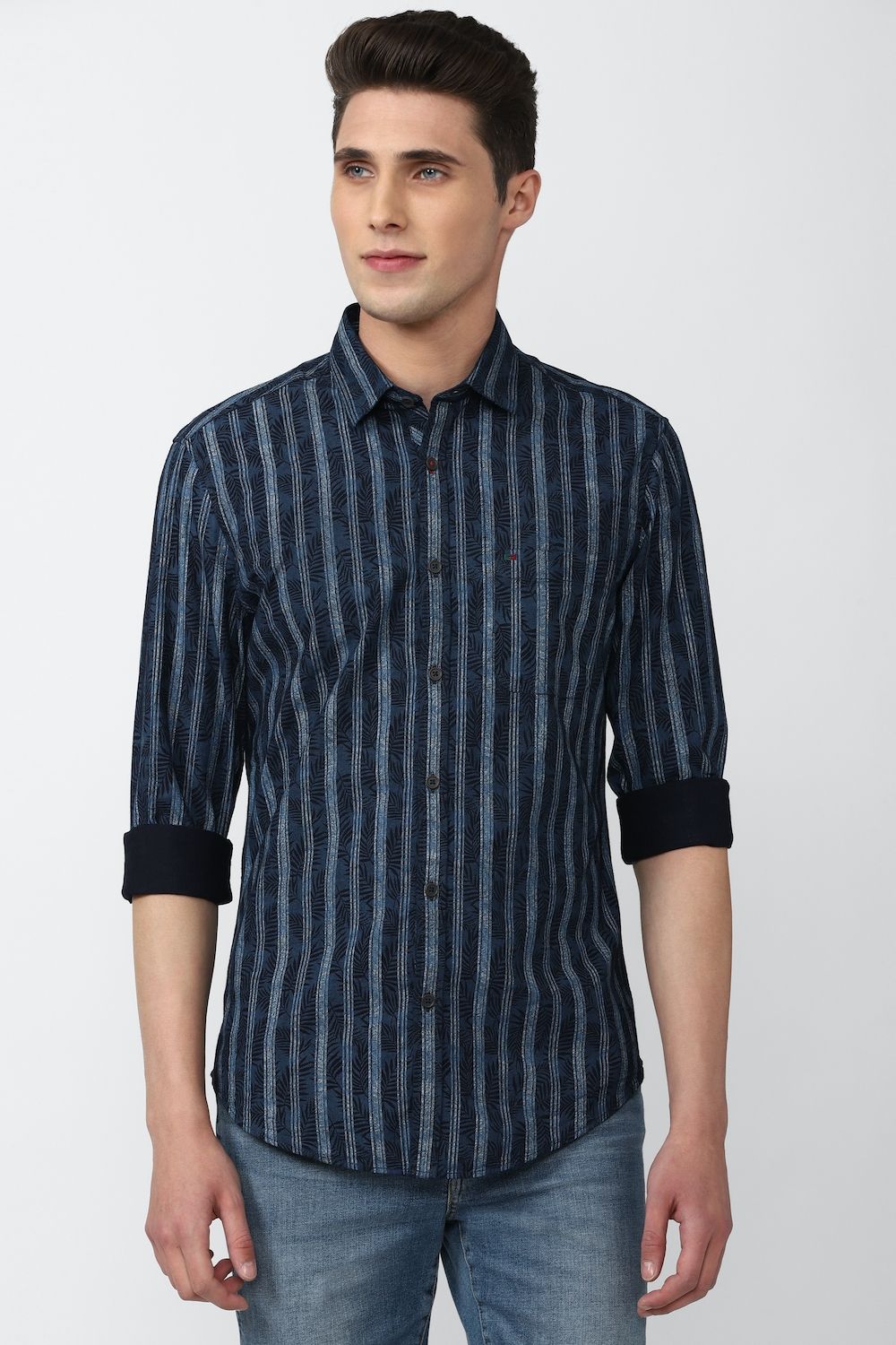 Men Navy Super Slim Fit Stripe Full Sleeves Casual Shirt