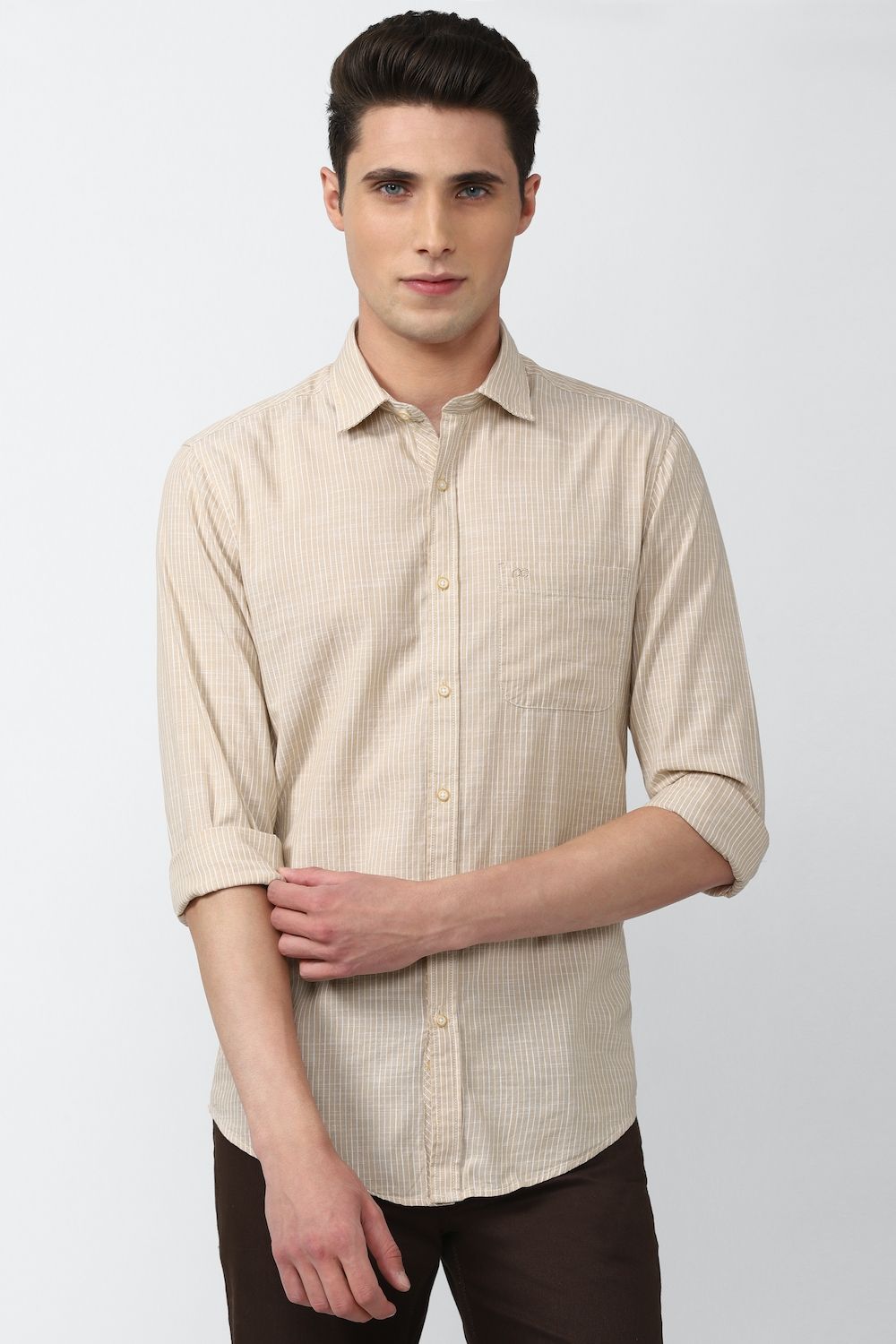 Men Beige Super Slim Fit Stripe Full Sleeves Casual Shirt