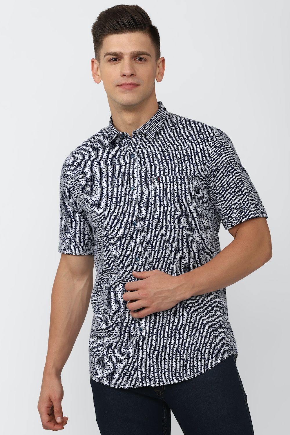 Men Navy Super Slim Fit Print Half Sleeves Casual Shirt