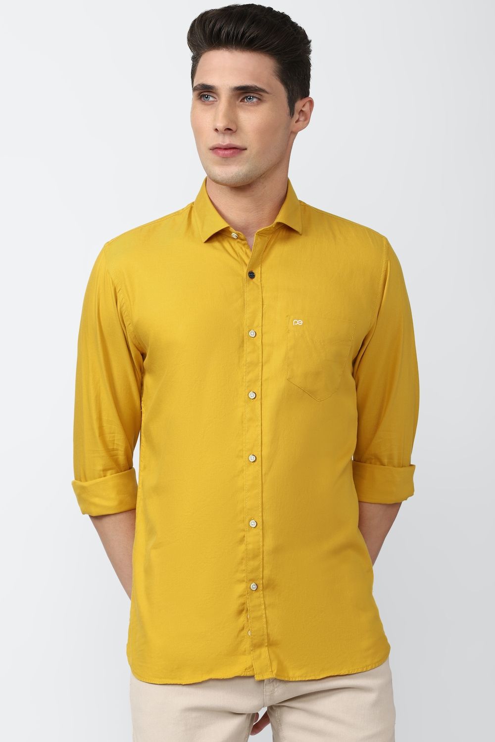 Men Yellow Slim Fit Solid Full Sleeves Casual Shirt
