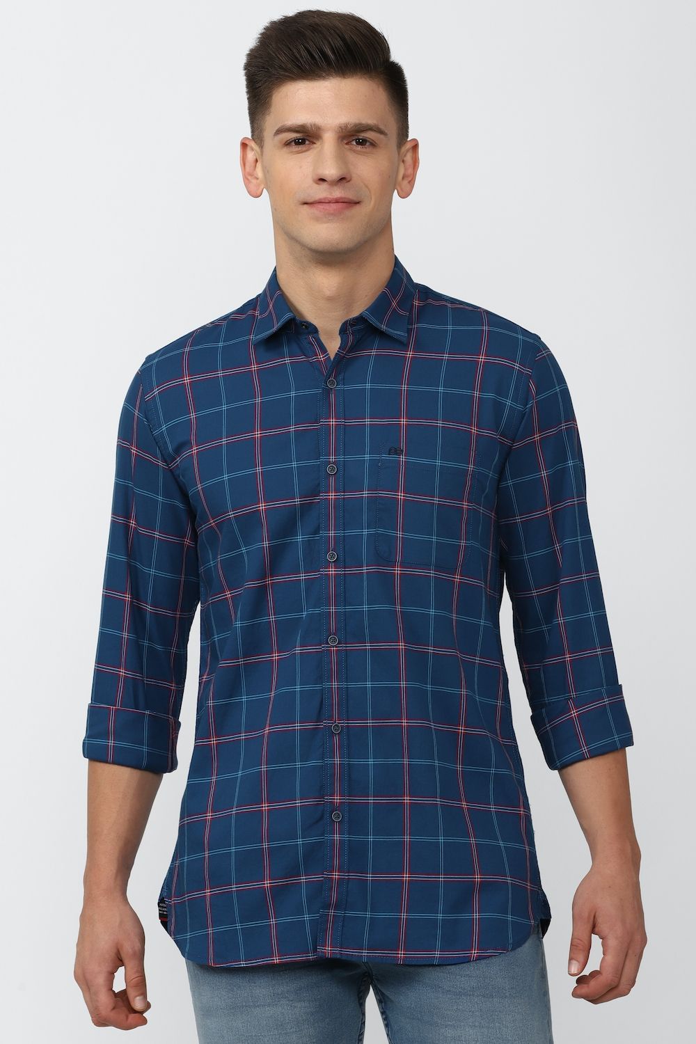 Men Blue Slim Fit Check Full Sleeves Casual Shirt