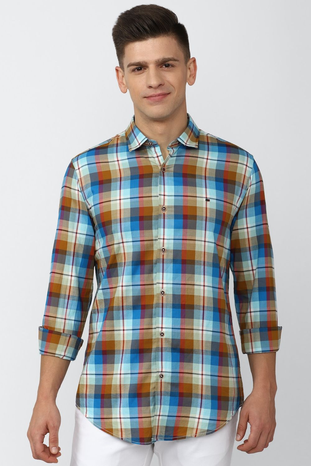 Men Blue Super Slim Fit Check Full Sleeves Casual Shirt