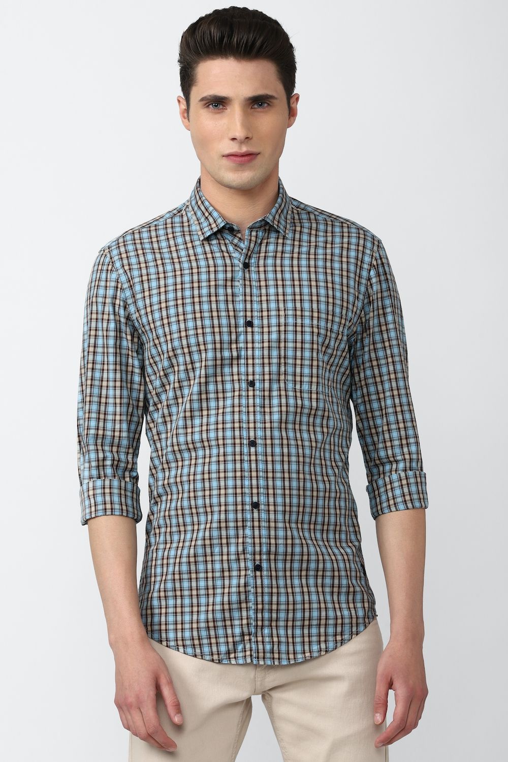 Men Blue Super Slim Fit Check Full Sleeves Casual Shirt